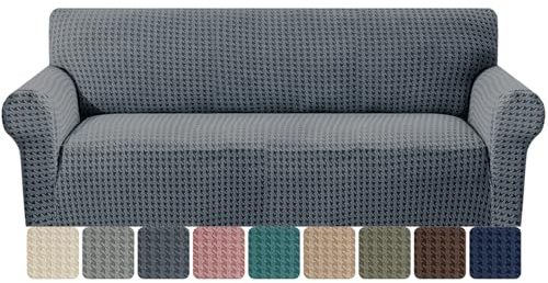 MAXIJIN Stretch 3 Seater Couch Cover Sofa Covers (71-91 Washable Sofa Slipcovers with Non-Slip Foam & Elastic Strap, Dog Cat Pet Friendly Furniture Protector (Dark Grey, 3 Seater)