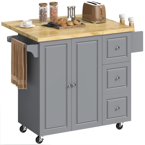 HOMCOM Kitchen Island on Wheels with Drop Leaf, Rubber Wood Top, Grey | Wooden Rolling Kitchen Storage Trolley, Drawers, Adjustable Shelf, Towel Rack, Spice Rack, for Dining Room