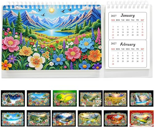 Lebartm DIY Diamond Art Desk Calendar for Adults Beginners 2027 to 2028 Two Year Gemstone Painting Art Crafts 24 Month Flipping Standing Calendar Home Office Planning-Landscape