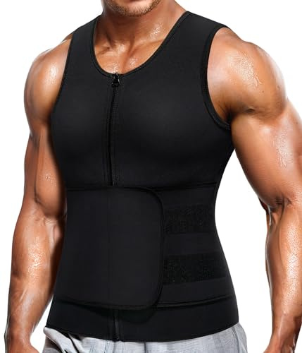 Wonderience Neoprene Sauna Suit for Men Waist Trainer Vest Zipper Body Shaper with Adjustable Belt Tank Top (Black, Large)