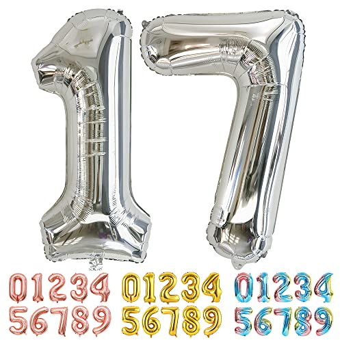 Ponmoo Foil Balloon Number 17/71 Silver, Giant Numbers 0 1 2 3 4 5 6 7 8 9 10-19 20-29 30-39 40-49 50-60-70-80-90-100, Large Balloons for Wedding Anniversary Birthday Party Decoration