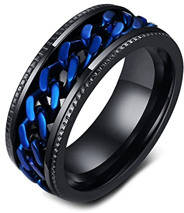 Epinki Bague Anti-Stress 8MM Tournante, Chaîne Argent Bleu en Acier Inoxydable pour Homme, Taille 57