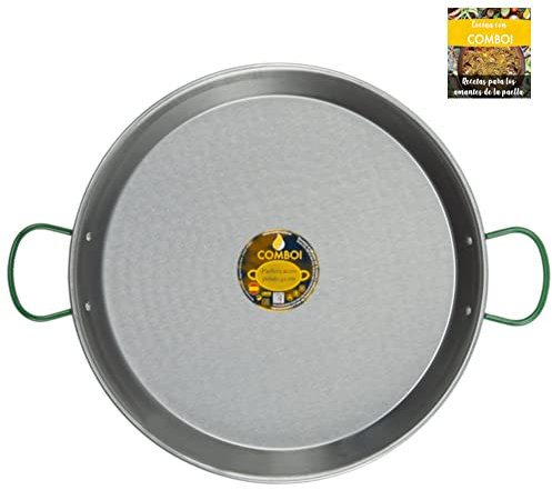 COMBOI - Paellera de acero pulido 70 cm, paellera valenciana hasta 25 raciones, apta para gas, leña y paelleros, fabricada en España, incluye recetario digital. (70 CM)