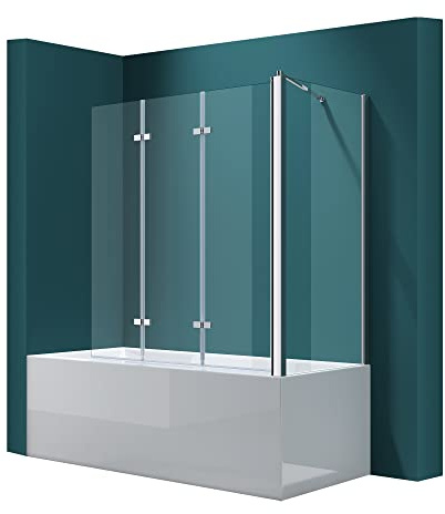 Mai & Mai Folding Shower Screen for Baths | Bath Shower Screen | WDH: 80×130×140cm | Safety Glass with Nano | 3 Folding Screens | with Wall Stabiliser | Cortona116