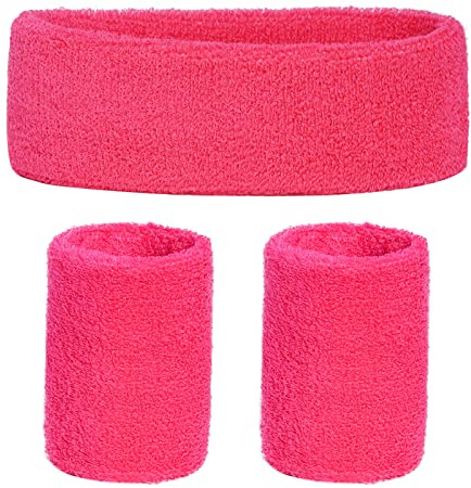baotongle 3-Set Schweißbänder Stirnband Armbänder Retro neon 80er 90er Outfit Sport Karneval Accessoires (Rosa)