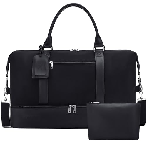 Oeihuivt Weekender Bags for Women - 21 Inch Large Travel Duffel Bag 2-Piece Set with Shoe Compartment, Heavy-Duty nylon & Leather Carry On Overnight Tote (Airplane Approved)