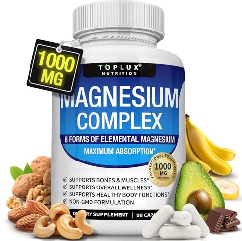 Magnesium Complex Supplement 8 Elemental 1000mg - Magnesium Glycinate, Citrate, Malate, Taurate, Chelated for Easy Absorption for Bones, Muscle, Recovery, Energy, Vegan Non-GMO 90 Capsules