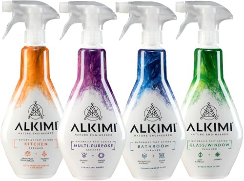 ALKIMI Cleaning Sprays, Variety Pack of 4 – Powerful Cleaning, No Harsh Chemicals, with Natural Essential Oils & Extracts, Multipurpose, Kitchen, Bathroom, Glass & Window