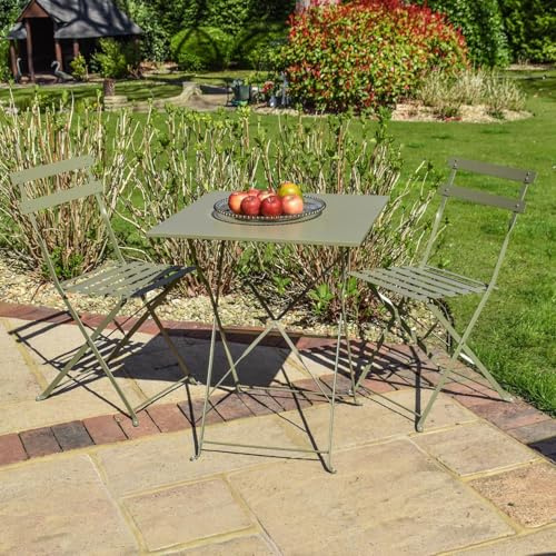 BPS® Deluxe Ensemble Bistro de Jardin | Table et chaises de Jardin en métal | Ensemble de mobilier de Patio 2 pièces | Durable | Table et chaises Pliantes 3 pièces (Olive - Square)