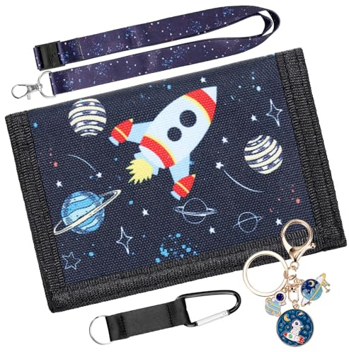 Huiguli Child Wallet, Child Coin Purse with Keychain and Lanyard, Three-Door Wallet for Children Teenager Gift, Rocket Motif
