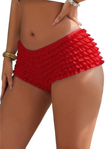 ohyeahlady Women's Multi-Layer Frilly Knickers Ruffled Lolita Y2k Bloomer Short for Under Dresses Sissy Panties Bikini Briefs Burlesque Retro Plus Size Underwear Red L