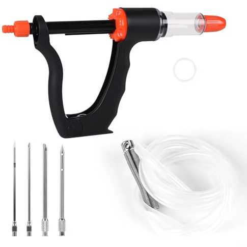 lalago Fleischspritze Halbautomatisch mit 4 Marinadeneinspritznadeln, Marinierspritze Kopf mit 3 Einspritzmengen & 1,5 m Langer Schlauch, BBQ Bratenspritze für Fleisch, Rindfleisch, Hähnchen (Set A)
