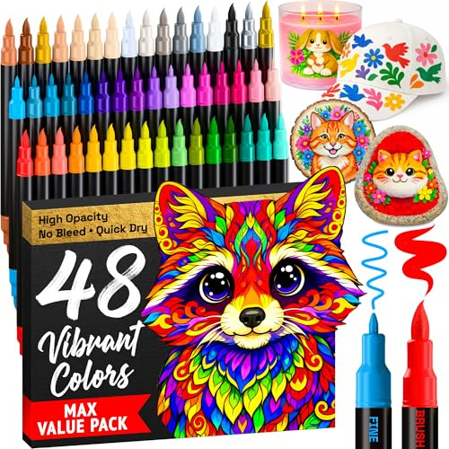 ARTISTRO 48 Acrylic Paint Pens Dual-Tip Brush+Fine for Fabric, Rock & Glass | Water-Based, Quick-Dry & Low-Odour Art Supplies for All Surfaces, Craft Gift for Adults, Teens & Kids, Classroom Must-Haves