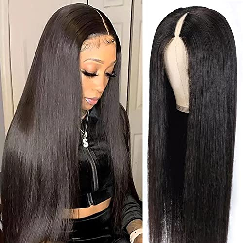 Pobokix 22Inch V Part Wigs Human Hair Straight Brazilian Human Hair Wigs for Black Women Upgrade U Part Wigs No Sew in NO Glue Half Wigs Human Hair 180% Density Natural Color