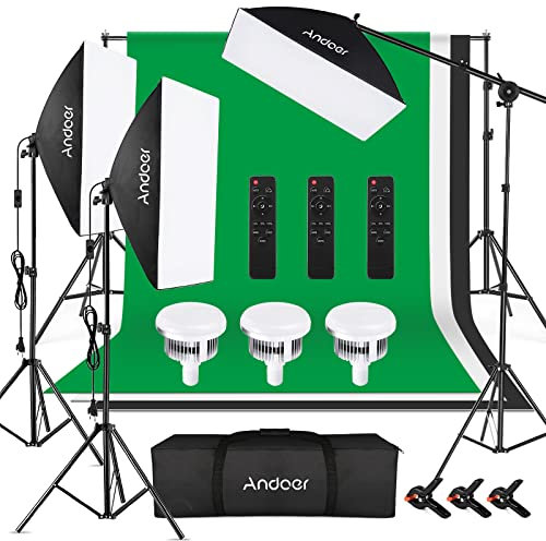 Andoer Juego de estudio fotográfico, 2 mx3 m, sistema de soporte de fondo con softbox, luz continua, trípode de luz, bolsa de transporte para retratos, fotografía de producto y grabación de vídeo