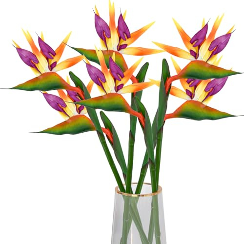 Bacucine Bird of Paradise Artificial Plant 6Pcs Rubber Strelitzia Artificial Flowers Bouquet Tropical Flowers for Home Garden Office Wedding Party Decor (Yellow)