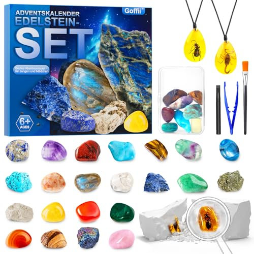Adventskalender 2024 für Kinder, Excavation Set for Children, Natural Gemstones and Crystals, Mineral Stones for Children from 6 7 8 9 10-12 Years