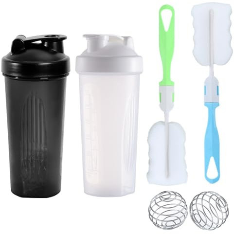 2 Stück Proteinshaker Flasche, Protein Shaker Bottle, Eiweiß Shaker, Protein Shaker mit 2 Mixball Edelstahl + 2 Schaumstoffbürste für Fitness Eiweiß, Auslaufsicherer Deckel mit Schlaufe, 700ml