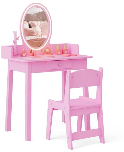 LIFEZEAL Tavolo da trucco per bambini con sedia e specchio LED a 2 colori, cassetto e organizzatore a forma di albero, set scrivania 3-8 anni, carico 30/50