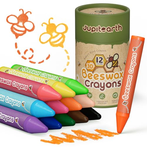 JUPITEARTH Beeswax Crayons for Toddlers 1–3, Jumbo Silky Crayons, 12 Colors