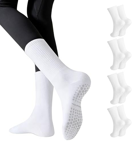 Prizmxed stoppstrumpor dam 4 par, ren bomull, pilatesstrumpor ger stabilen stöd, yogastrumpor är för pilates, Vit, one size