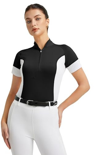 FitsT4 Sports Womens Short Sleeve Equestrian Shirts UPF50+ Horse Riding Shirts Breathable Rider Tops Half Zip Black M