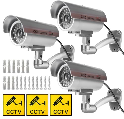 Sporgo Caméra Factice 3 Pièces: Caméra de Surveillance Factice Extérieur avec Lumière LED Rouge Clignotant, Atrappe Caméra de Surveillance Fausse Caméra de Sécurité pour Intérieur et Extérieur (Argent