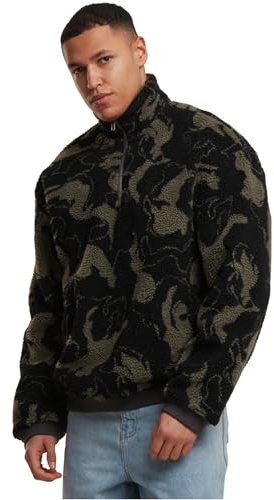 Urban Classics Herrtröja överdimensionerat mönster teddy troyer, bred fleecetröja med hög krage och halv dragkedja, storlekar S – 5XL, Olivvirvel, 5XL