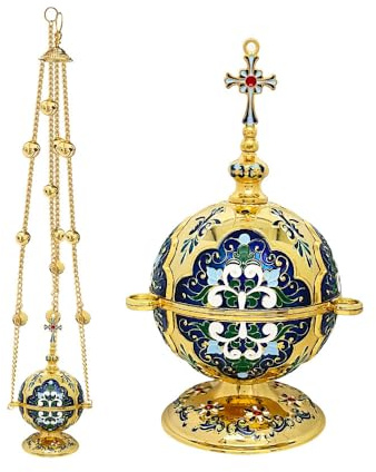 RZRHMUHN Encensoir d'église, brûleur d'encens orthodoxe, encens chrétien en alliage de zinc avec chaîne, 16,5 cm de haut (bleu)