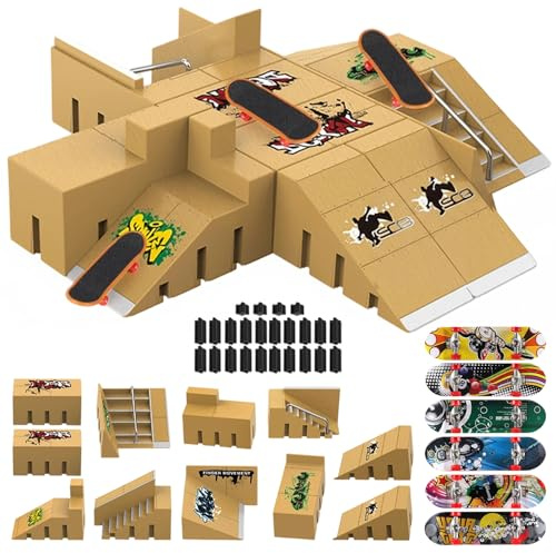 Beafaoo 17Pcs Finger Skateboards Ramp Sets with 6*Mini Skateboard, DIY Assembly Skate Ramp, Mini Skateboards for Kids finger's Training Gifts, Fingerboard Ramps Set for Christmas, New Year's Gifts