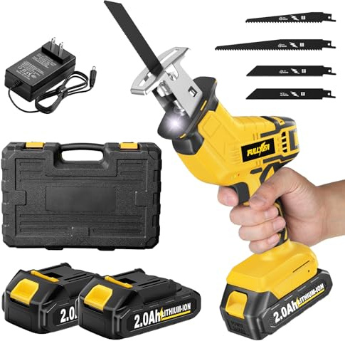 FULLYEA Cordless Reciprocating Saw, 0-3500 RPM Electric Saws with 4 Blades & 2 Batteries, Tool‑Free Change, Handheld Saw Lightweight, Battery Reciprocating Saws for Cutting Wood PVC Pipe (Yellow)