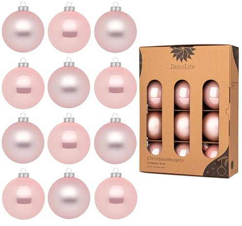 Weihnachtskugeln 8 cm Ø - 12er Set aus Glas inkl. Aufhänger | Hochwertige Christbaumkugeln für Weihnachtsbaum | Stilvolle Weihnachtsdeko in Kartonbox | Kugeln (Rosa - matt/glänzend)