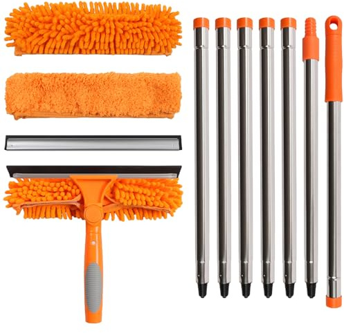 Terafeels 280 cm Teleskop Fönstertorkare Avdragare Set, 2 i 1 Teleskopstång Fönsterrengöring för Innanför och Utanför Höga Fönster Bilglas (Orange)