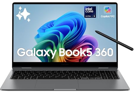 Samsung Galaxy Book5 360 15.6, Garanzia 3 anni, AI PC, Processore Intel Core Ultra 5 Serie 2, 16GB RAM, 512GB SSD, Display AMOLED TouchScreen, S Pen, Windows 11 Home, Copilot+ PC, Gray [ITA]