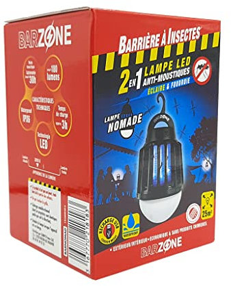 BARRIERE A INSECTES BARZONE Lampe LED Nomade Anti-moustiques 2 en 1, Intérieur et extérieur, Portée de 25m², Étui 1 ampoule, BARNOMAD