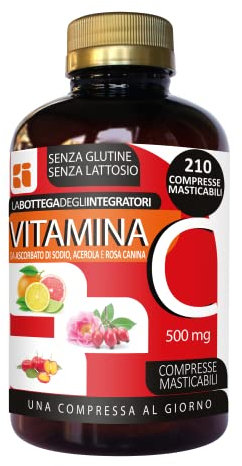 Vitamina C da Ascorbato Di Sodio Acerola e Rosa Canina 210 Compresse Masticabili 1 al dì | Senza Glutine e Lattosio | Meno Acida | Assorbimento più rapido | origine non animale | 500 mg