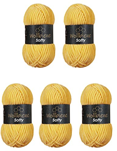 Wollbiene Softy, 5 gomitoli di lana di ciniglia da 100 grammi, per lavorare a maglia, lana per bambini, 500 g (giallo mais 28)