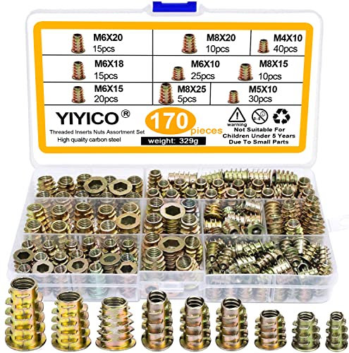 Gewindeeinsatz Holz Einschraubmutter Einschraubmuffen M4 M5 M6 M8 M10 170Stk Zinklegierung Innensechskantmuttern Sortiment für Holzmöbel (170)