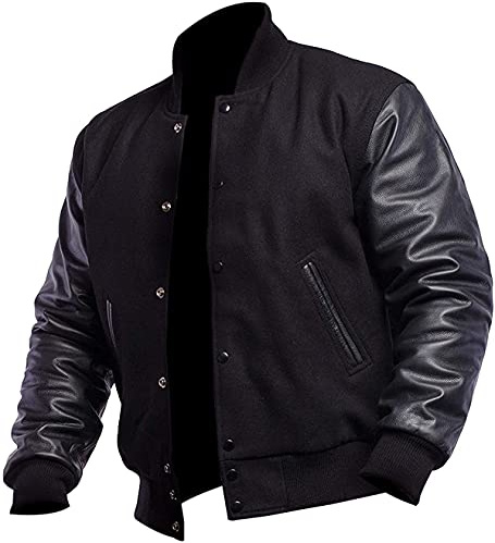 LP-FACON Vestes universitaires pour homme – Blouson de baseball Bomber High School Noir Letterman, L