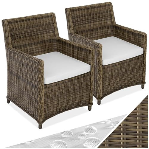 tectake® Poly Rattan Geflecht Korbsessel, 2er Stühle Set, Gartenstühle, Balkonmöbel wetterfest, bis 120 kg belastbar, 60,5 x 60,5 x 85 cm, Outdoor Sessel für Garten Balkon Terrasse - braun