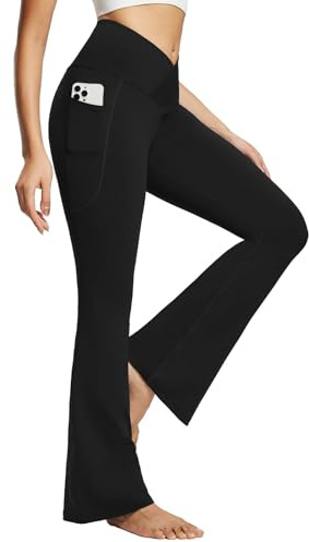 baleaf Women's Flare Leggings with Pockets Crossover Flared High Waist Petite Yoga Pants Tummy Control Bootcut Leggings Black 29 M