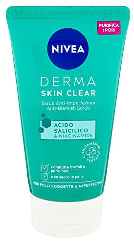 NIVEA Derma Skin Clear Scrub für das Gesicht gegen Unvollkommenheiten, 150 ml, Peeling-Peeling für fettige und gemischte Haut mit Salicylsäure, Meersalz und Niacinamid, reinigendes Gesichts- und