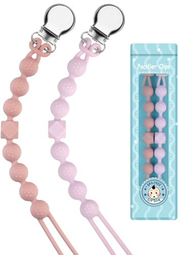 Kowlone Attache Sucette Silicone Soothie Tétine Clips Porte Accroche Chaîne pour Garçons et Filles Douche de Bébé 2pcs(Violet,Rose)