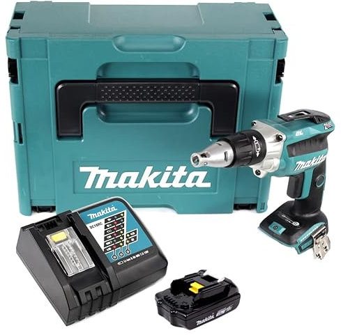 Makita DFS 250 RY1J - Avvitatore per cartongesso, 18 V, senza spazzole + 1 batteria 1,5 Ah + caricatore + Makpac
