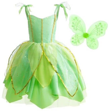 Lito Angels Deguisement Costume Féerique, Robe de Fee Verte avec Ailes pour Enfant Fille, Taille 5-6 ans (étiquette en tissu 120)