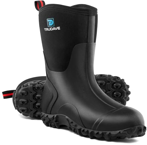 Trudave Rubber Boots for Women with Steel Shank, 6mm Neoprene Mid Calf Rain Boots, Waterproof Insulated Mud Work Boots All Season, Black, Size 9