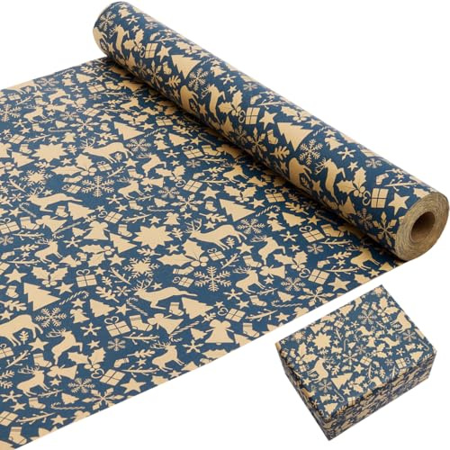 Rollo de papel de regalo navideño de 43 cm × 20 m, papel de regalo Kraft impreso con varios patrones navideños, rollo de papel Kraft reciclable para envolver regalos de boda de cumpleaños de Navidad
