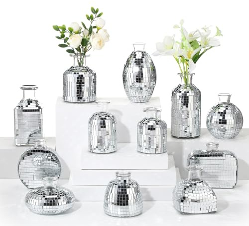 RimCereal 12 Pcs Mini Disco Ball Vase Bulk Glass Disco Ball Flower Vase Disco Ball Decorations for Party Wedding Birthday Home Bedroom Kitchen Office