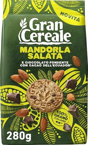 Gran Cereale, Biscotti Gran Cereale alla Mandorla Salata, Biscotti Integrali e Ricchi di Fibre, con Pepite di Cioccolato Fondente e Mandorle Tostate e Salate, 280 g