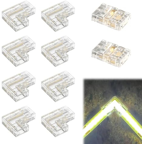 10 Conectores Tiras LED de 2 Pines 10 mm de Ancho, 8Pcs Conectores en L y 2Pcs Conector Directo, Juego de Conectores para Tiras COB Transparente y Sin Soldadura, Conectores LED de 12V/24V 2 Pines